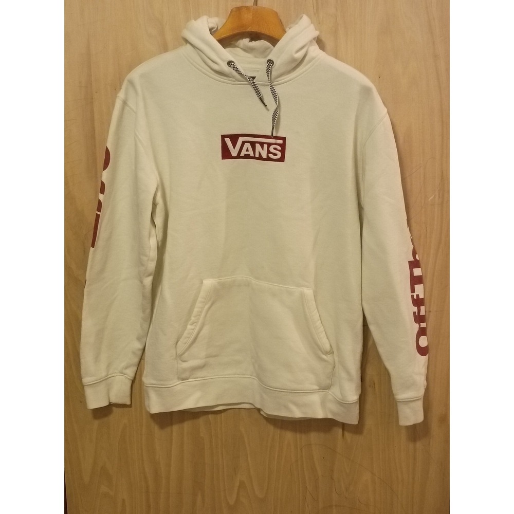 Vans Off The Wall Mens Hoodie White Burgundy Box Logo Sleeve Graphic Large